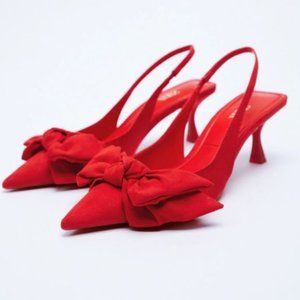 NWT ZARA red faux suede Heeled slingback shoes with bow -size 7